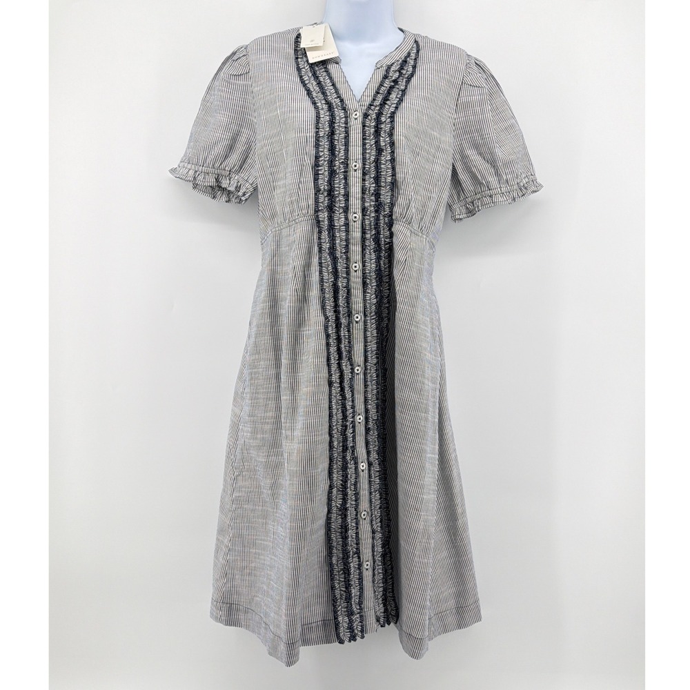 NWT Downeast Tuxedo Ruffle Dress M Navy Pinstripe Cotton Midi Modest Tie Waist